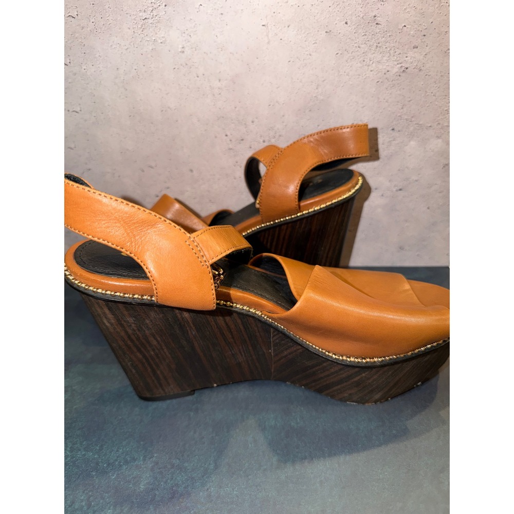 Coach Harla Tan Leather Wood Wedge Platform Sandals